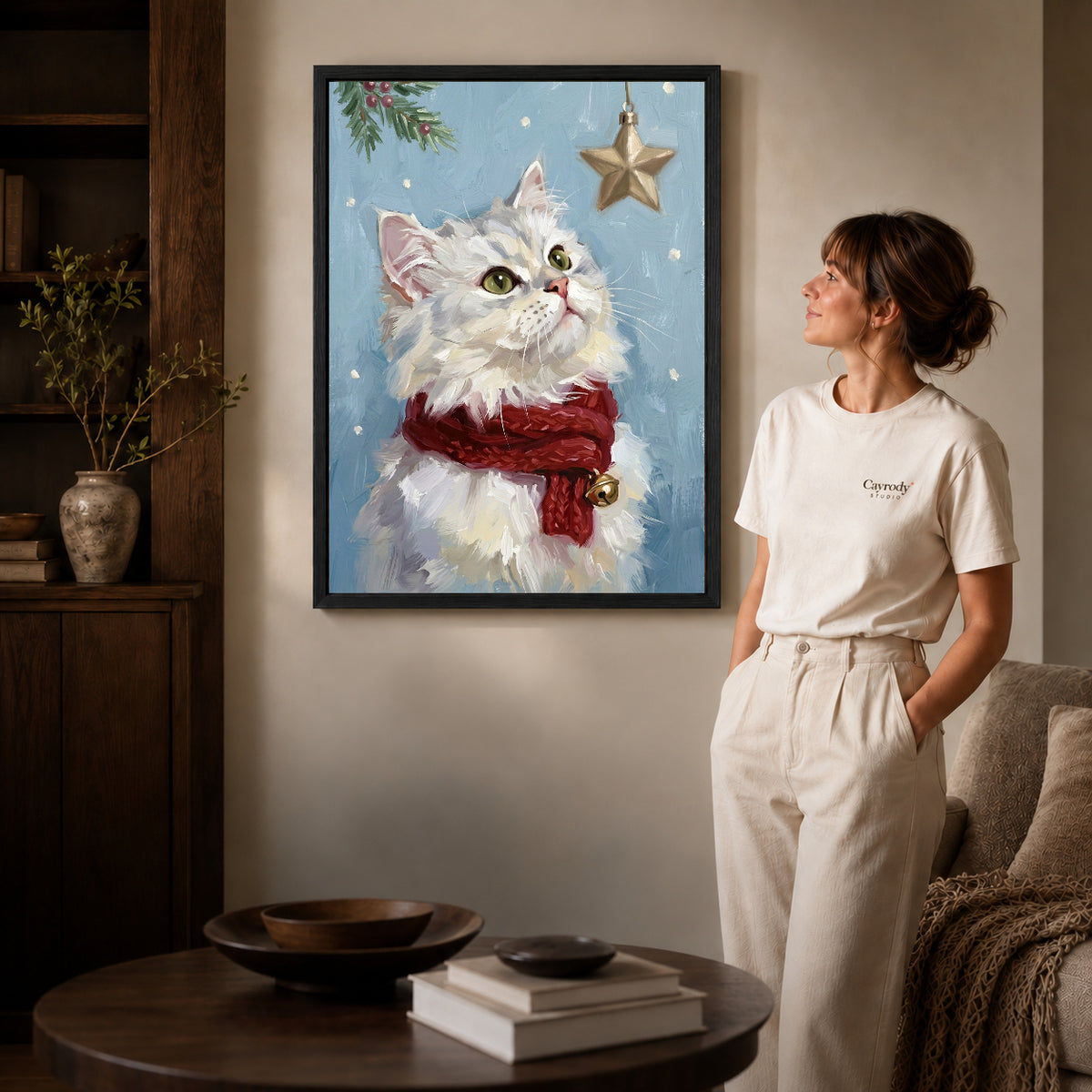 Black framed christmas star kitten artwork scene assigned to all six black framed canvas sizes.
