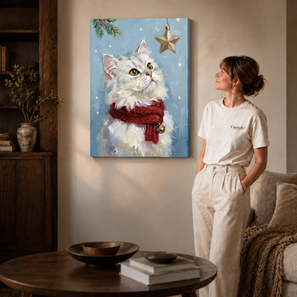 Gallery wrapped christmas star kitten artwork scene assigned to all six unframed wrapped canvas sizes.