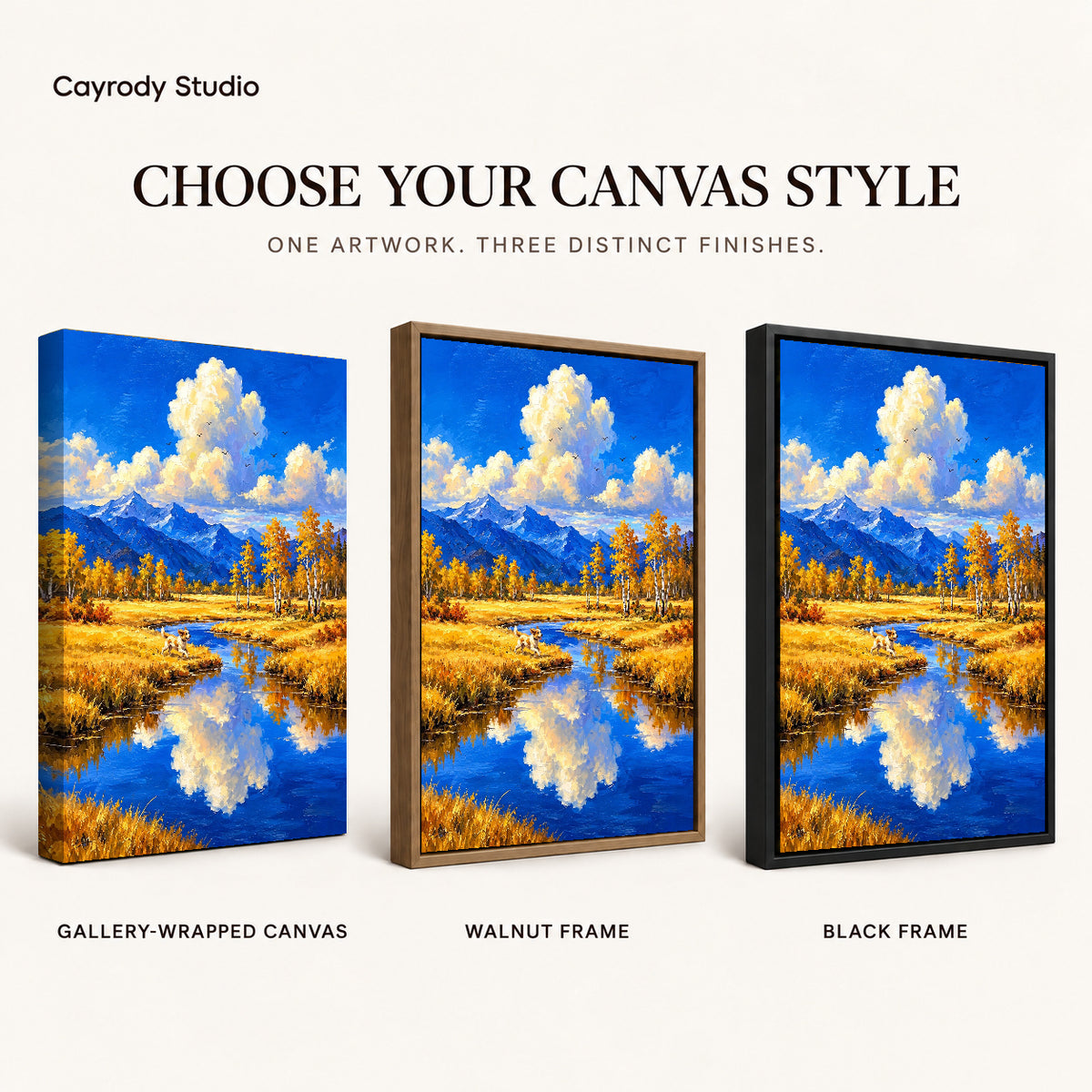 Autumn River Dog artwork finish chart showing gallery wrapped canvas, walnut frame, and black frame options.