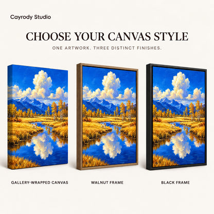 Autumn River Dog artwork finish chart showing gallery wrapped canvas, walnut frame, and black frame options.