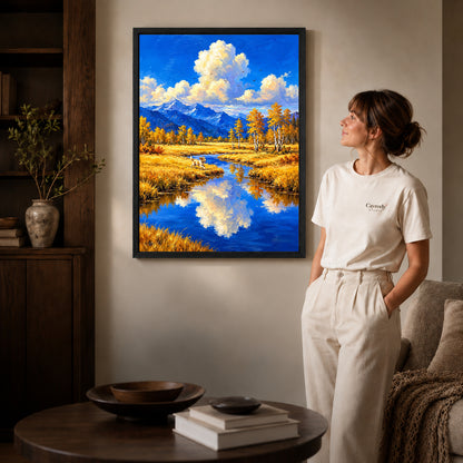 Black framed autumn river dog artwork scene assigned to all six black framed canvas sizes.