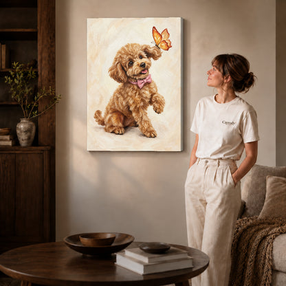 Gallery wrapped poodle butterfly friend artwork with shaded canvas edges beside a woman wearing cream clothing.