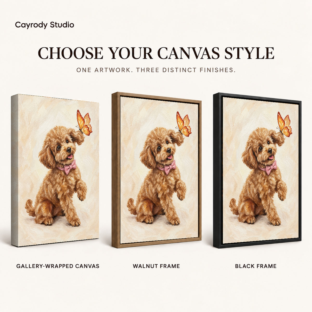 Poodle Butterfly Friend artwork finish chart showing gallery wrapped canvas, walnut frame, and black frame options.