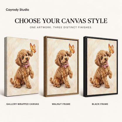 Poodle Butterfly Friend artwork finish chart showing gallery wrapped canvas, walnut frame, and black frame options.