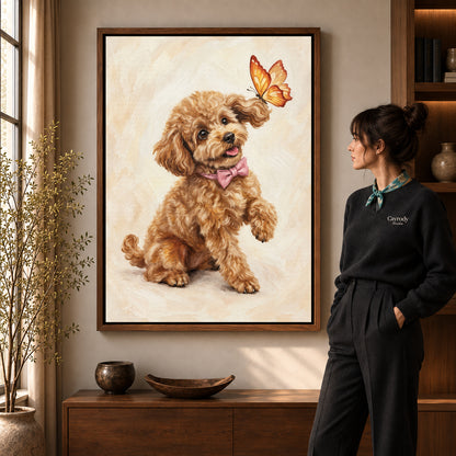 Walnut framed poodle butterfly friend artwork scene assigned to all six walnut framed canvas sizes.