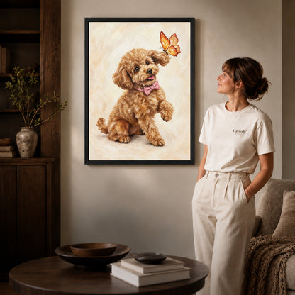 Black framed poodle butterfly friend artwork scene assigned to all six black framed canvas sizes.