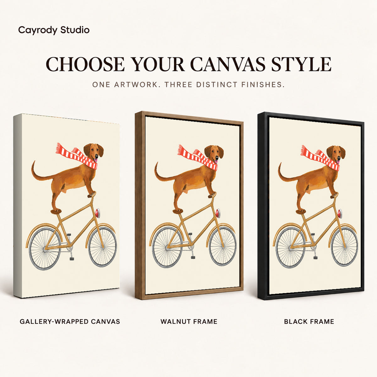 Bicycle Dachshund artwork finish chart showing gallery wrapped canvas, walnut frame, and black frame options.