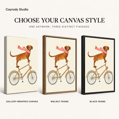 Bicycle Dachshund artwork finish chart showing gallery wrapped canvas, walnut frame, and black frame options.