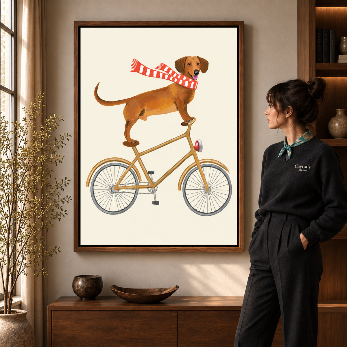 Walnut framed bicycle dachshund artwork scene assigned to all six walnut framed canvas sizes.