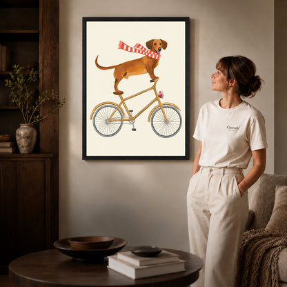 Black framed bicycle dachshund artwork scene assigned to all six black framed canvas sizes.