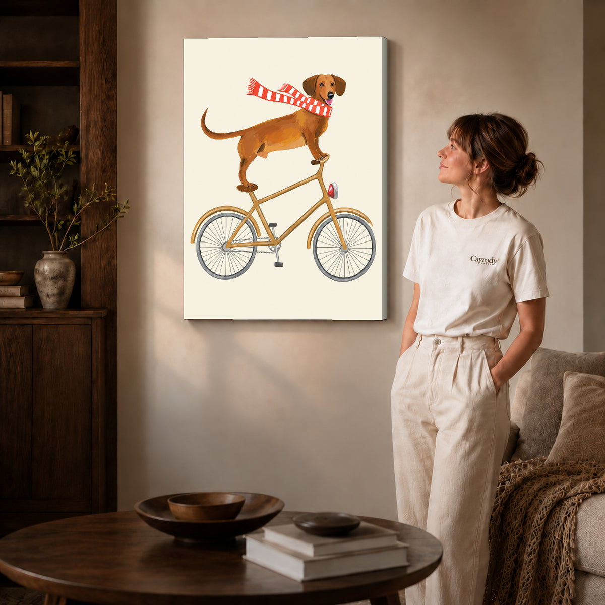 Gallery wrapped bicycle dachshund artwork scene assigned to all six unframed wrapped canvas sizes.