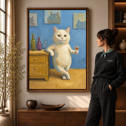 Relaxed Wine Cat artwork in a walnut frame beside a standing woman in a warm room.