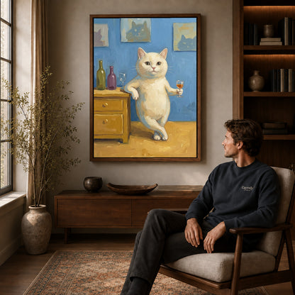 Walnut framed relaxed wine cat artwork above a seated man in a wood furnished living room.