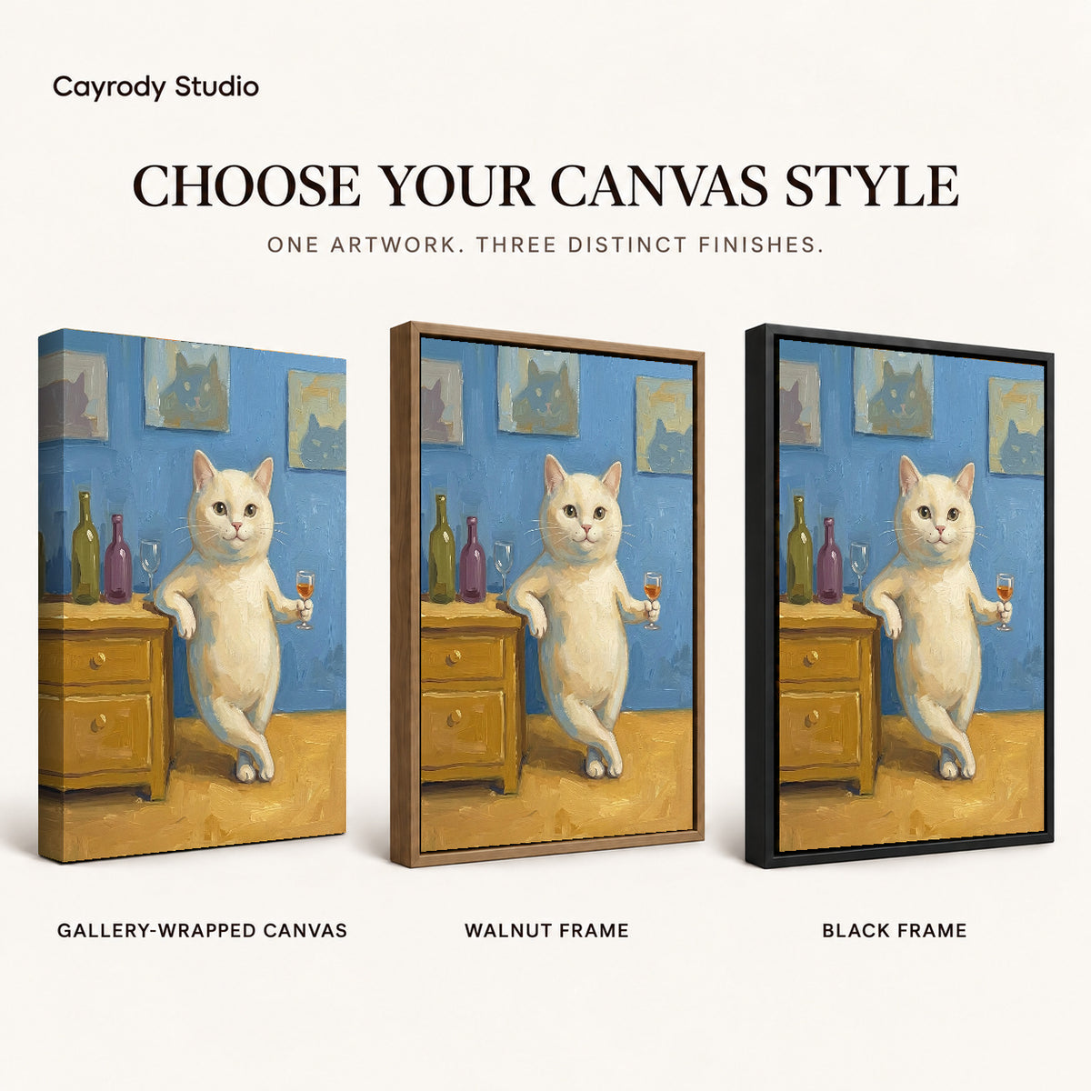 Relaxed Wine Cat artwork finish chart showing gallery wrapped canvas, walnut frame, and black frame options.