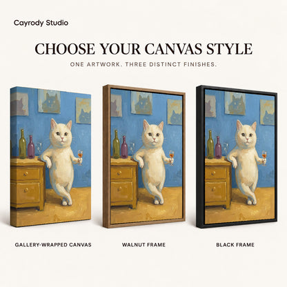 Relaxed Wine Cat artwork finish chart showing gallery wrapped canvas, walnut frame, and black frame options.