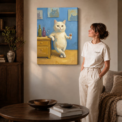 Gallery wrapped relaxed wine cat artwork scene assigned to all six unframed wrapped canvas sizes.