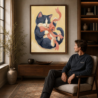 Walnut framed ribbon playing kitten artwork above a seated man in a wood furnished living room.