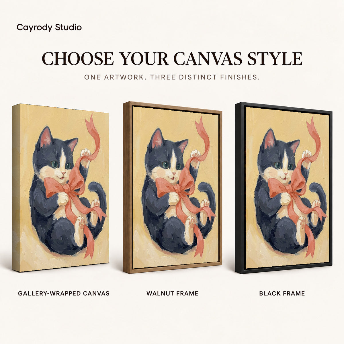 Ribbon Playing Kitten artwork finish chart showing gallery wrapped canvas, walnut frame, and black frame options.