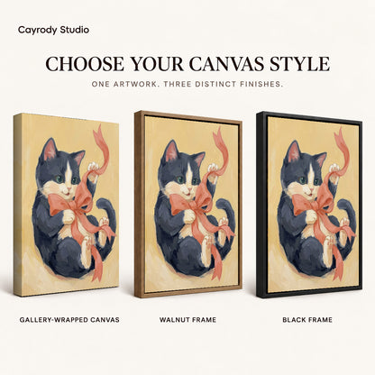 Ribbon Playing Kitten artwork finish chart showing gallery wrapped canvas, walnut frame, and black frame options.