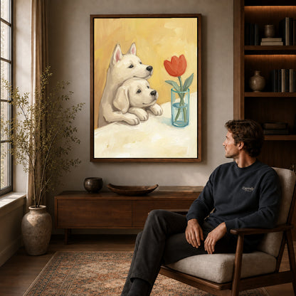 Walnut framed tulip puppy friends artwork above a seated man in a wood furnished living room.