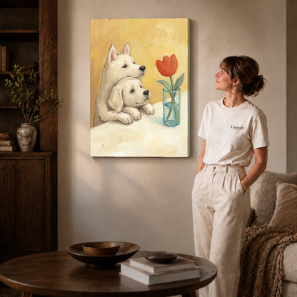 Gallery wrapped tulip puppy friends artwork with shaded canvas edges beside a woman wearing cream clothing.