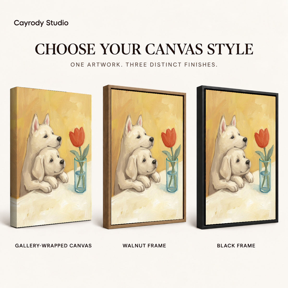 Tulip Puppy Friends artwork finish chart showing gallery wrapped canvas, walnut frame, and black frame options.