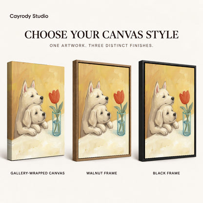 Tulip Puppy Friends artwork finish chart showing gallery wrapped canvas, walnut frame, and black frame options.