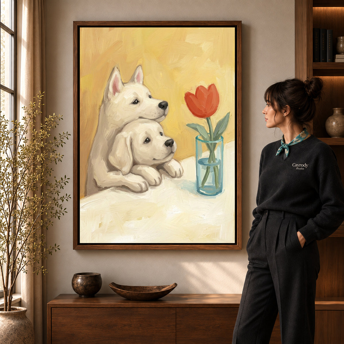 Walnut framed tulip puppy friends artwork scene assigned to all six walnut framed canvas sizes.