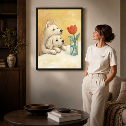 Black framed tulip puppy friends artwork scene assigned to all six black framed canvas sizes.