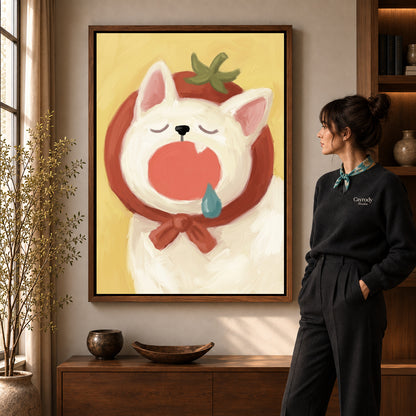 Yawning Hood Cat artwork in a walnut frame beside a standing woman in a warm room.