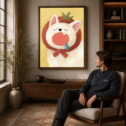 Walnut framed yawning hood cat artwork above a seated man in a wood furnished living room.