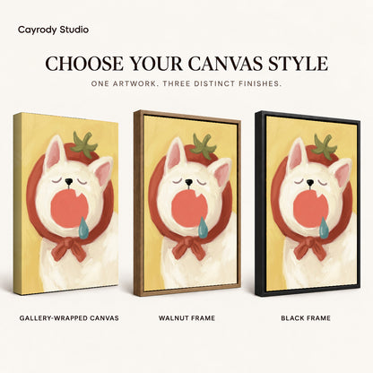 Yawning Hood Cat artwork finish chart showing gallery wrapped canvas, walnut frame, and black frame options.
