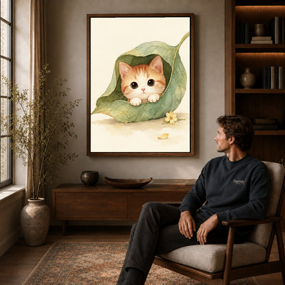 Walnut framed leaf pocket kitten artwork above a seated man in a wood furnished living room.