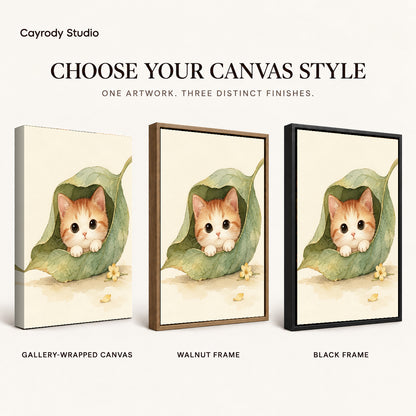 Leaf Pocket Kitten artwork finish chart showing gallery wrapped canvas, walnut frame, and black frame options.