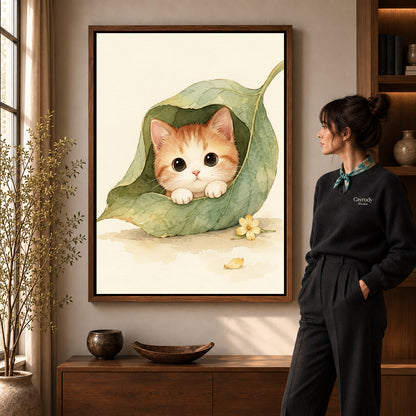 Walnut framed leaf pocket kitten artwork scene assigned to all six walnut framed canvas sizes.