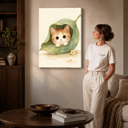 Gallery wrapped leaf pocket kitten artwork scene assigned to all six unframed wrapped canvas sizes.