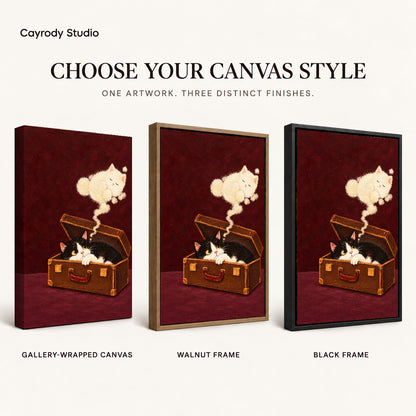 Suitcase Dream Kitten artwork finish chart showing gallery wrapped canvas, walnut frame, and black frame options.