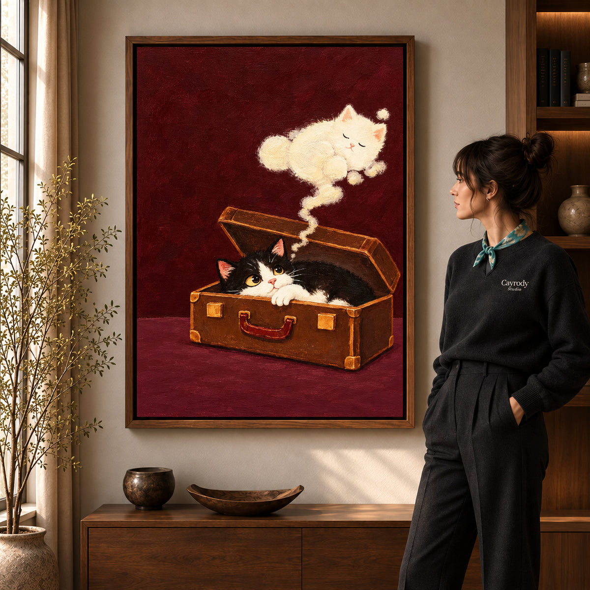 Walnut framed suitcase dream kitten artwork scene assigned to all six walnut framed canvas sizes.