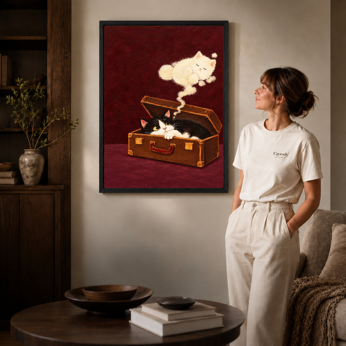 Black framed suitcase dream kitten artwork scene assigned to all six black framed canvas sizes.