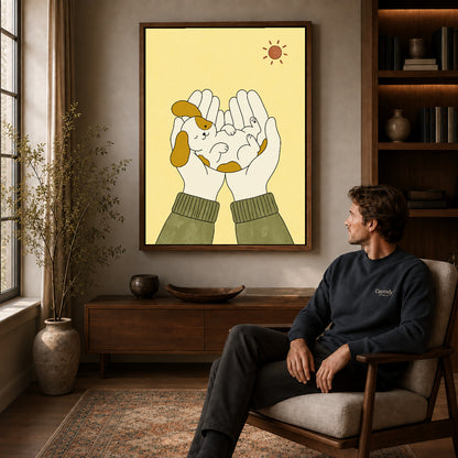 Walnut framed puppy in hands artwork above a seated man in a wood furnished living room.