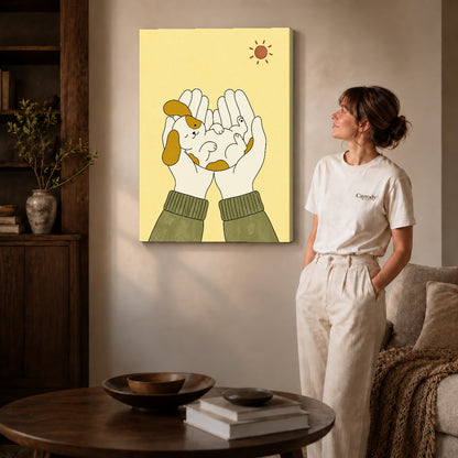 Gallery wrapped puppy in hands artwork with shaded canvas edges beside a woman wearing cream clothing.