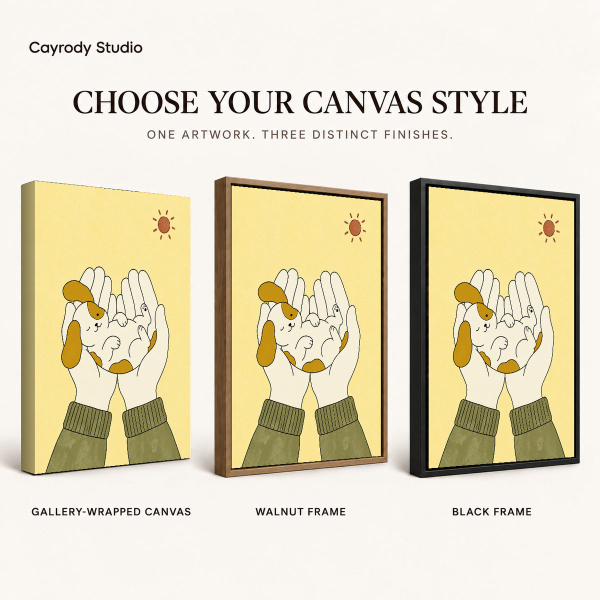 Puppy In Hands artwork finish chart showing gallery wrapped canvas, walnut frame, and black frame options.