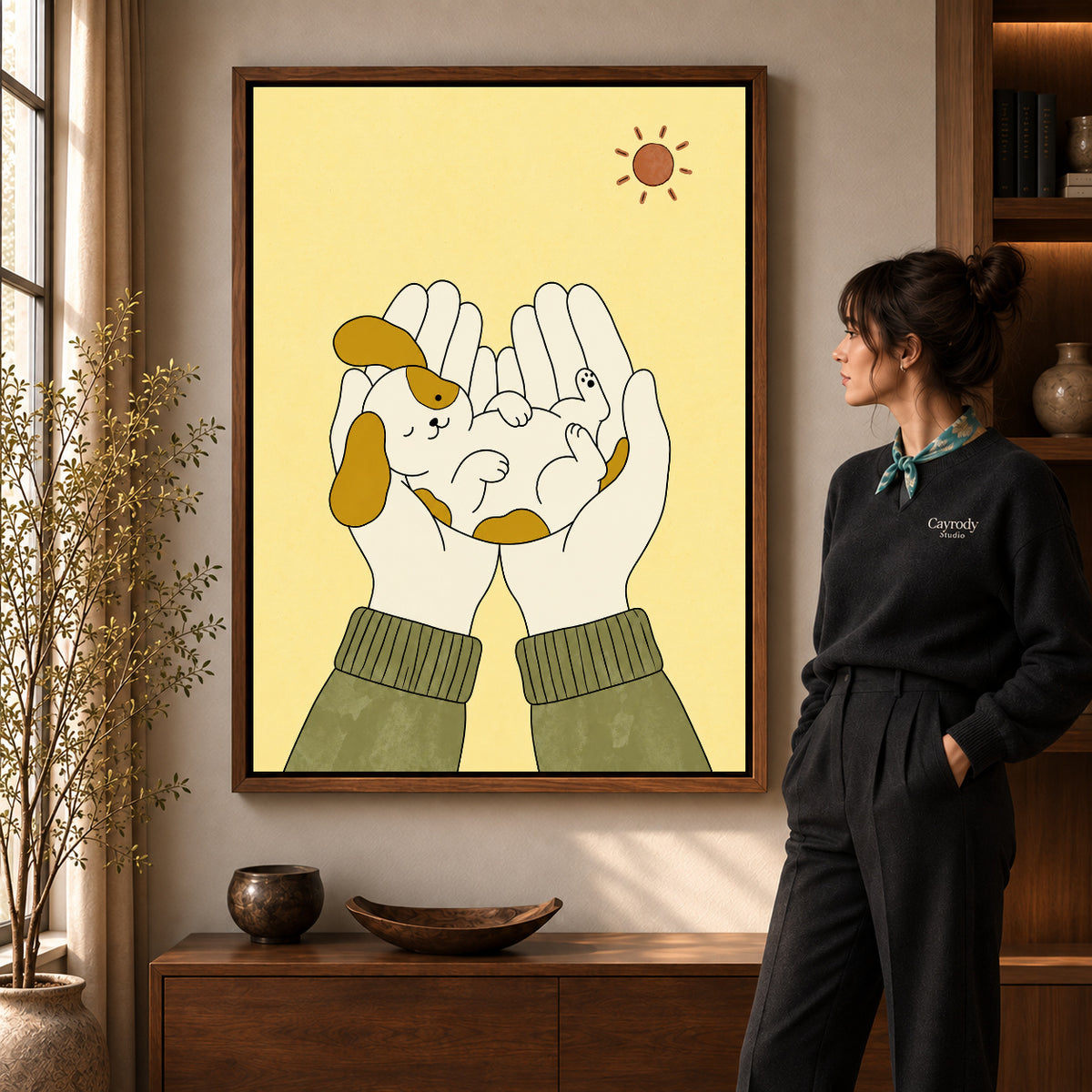 Walnut framed puppy in hands artwork scene assigned to all six walnut framed canvas sizes.
