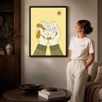Black framed puppy in hands artwork scene assigned to all six black framed canvas sizes.