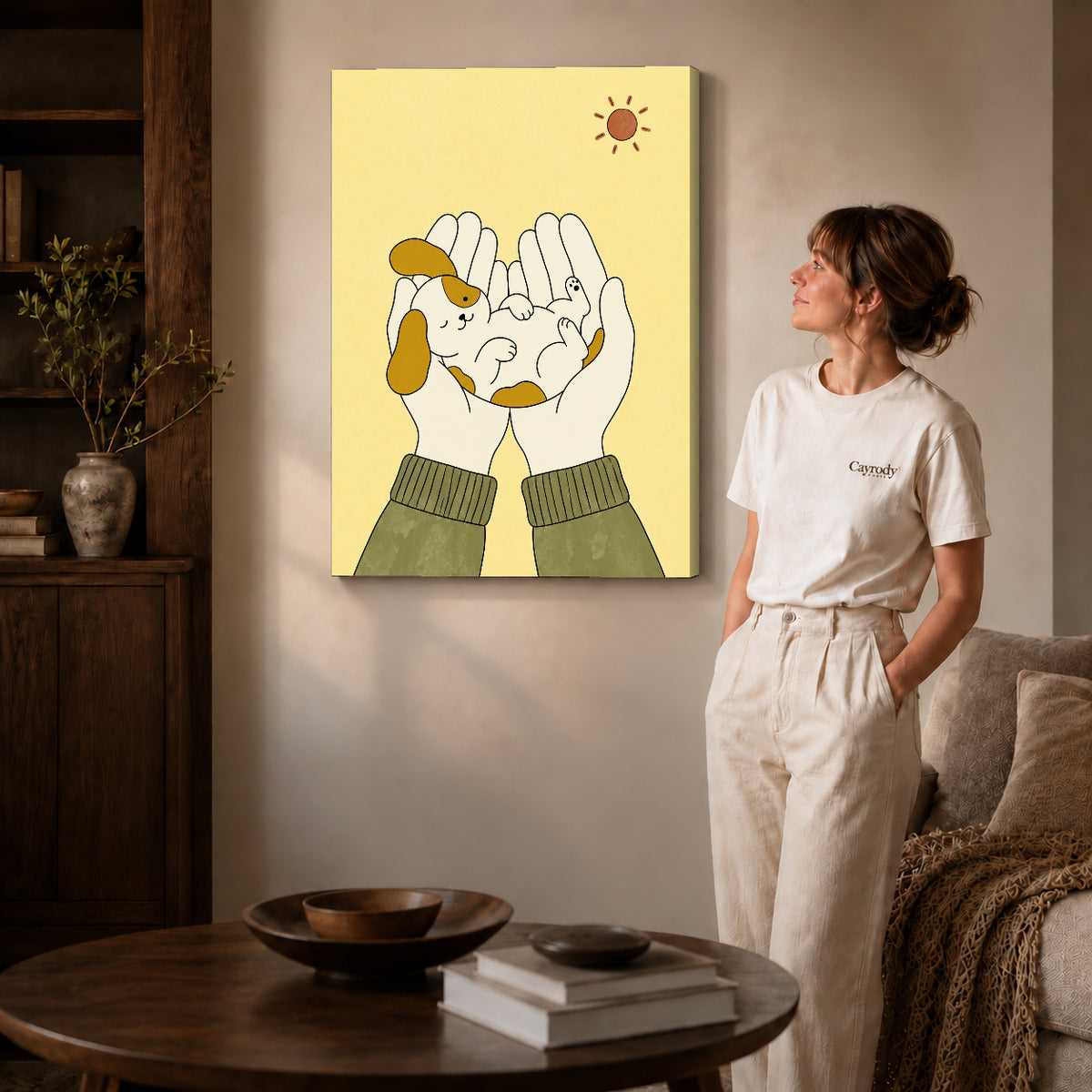Gallery wrapped puppy in hands artwork scene assigned to all six unframed wrapped canvas sizes.