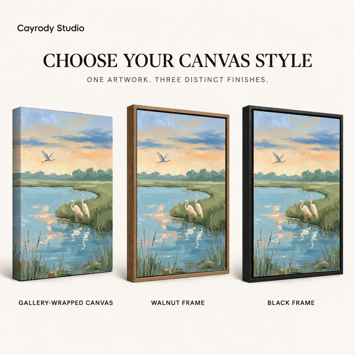 Quiet Marsh Herons artwork finish chart showing gallery wrapped canvas, walnut frame, and black frame options.