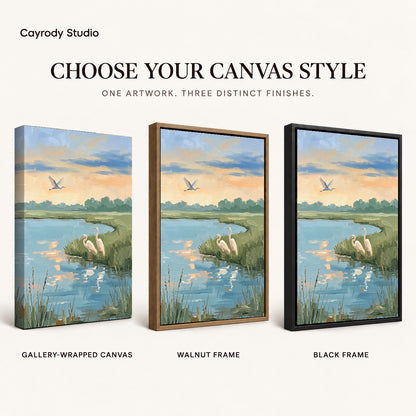 Quiet Marsh Herons artwork finish chart showing gallery wrapped canvas, walnut frame, and black frame options.