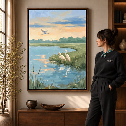 Walnut framed quiet marsh herons artwork scene assigned to all six walnut framed canvas sizes.