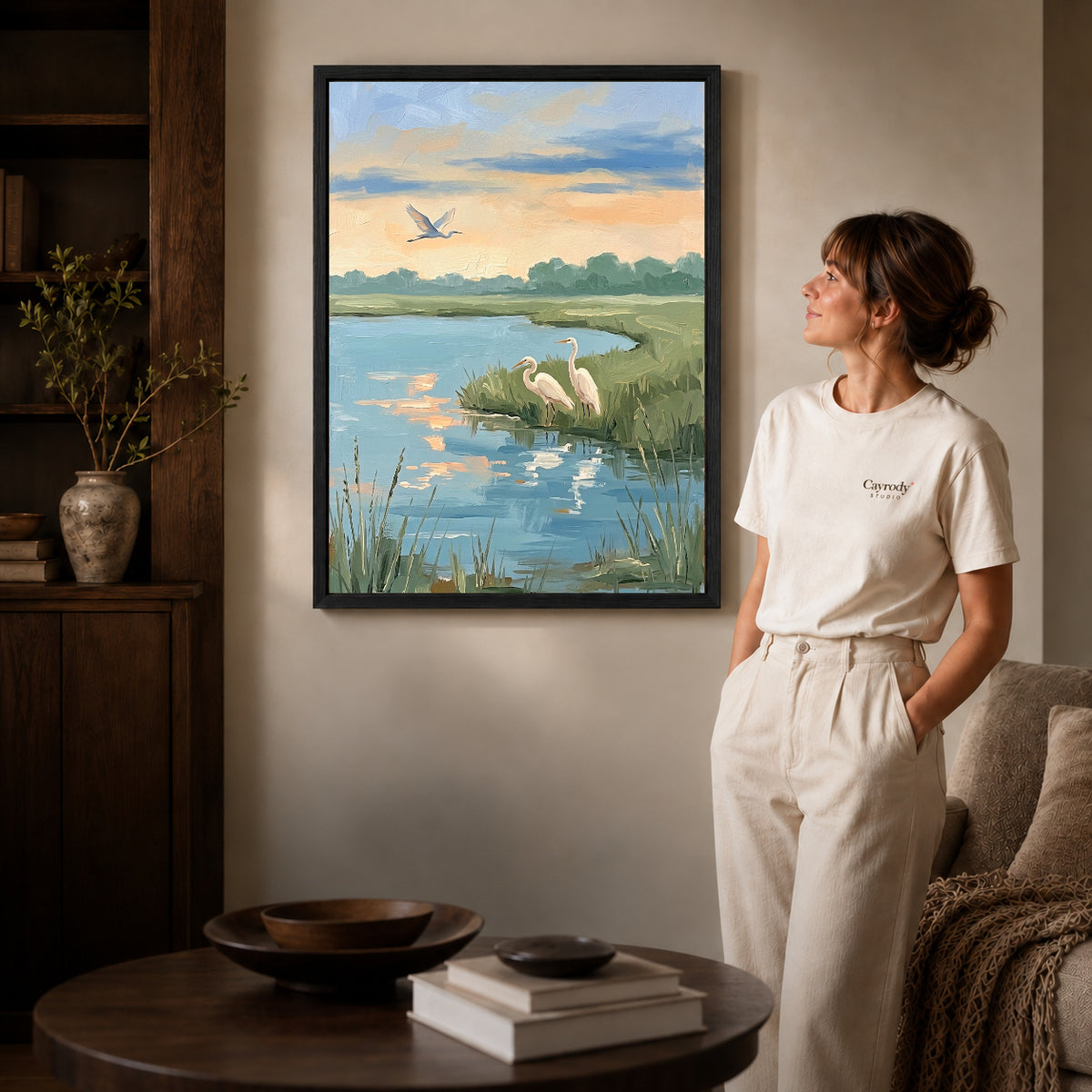 Black framed quiet marsh herons artwork scene assigned to all six black framed canvas sizes.