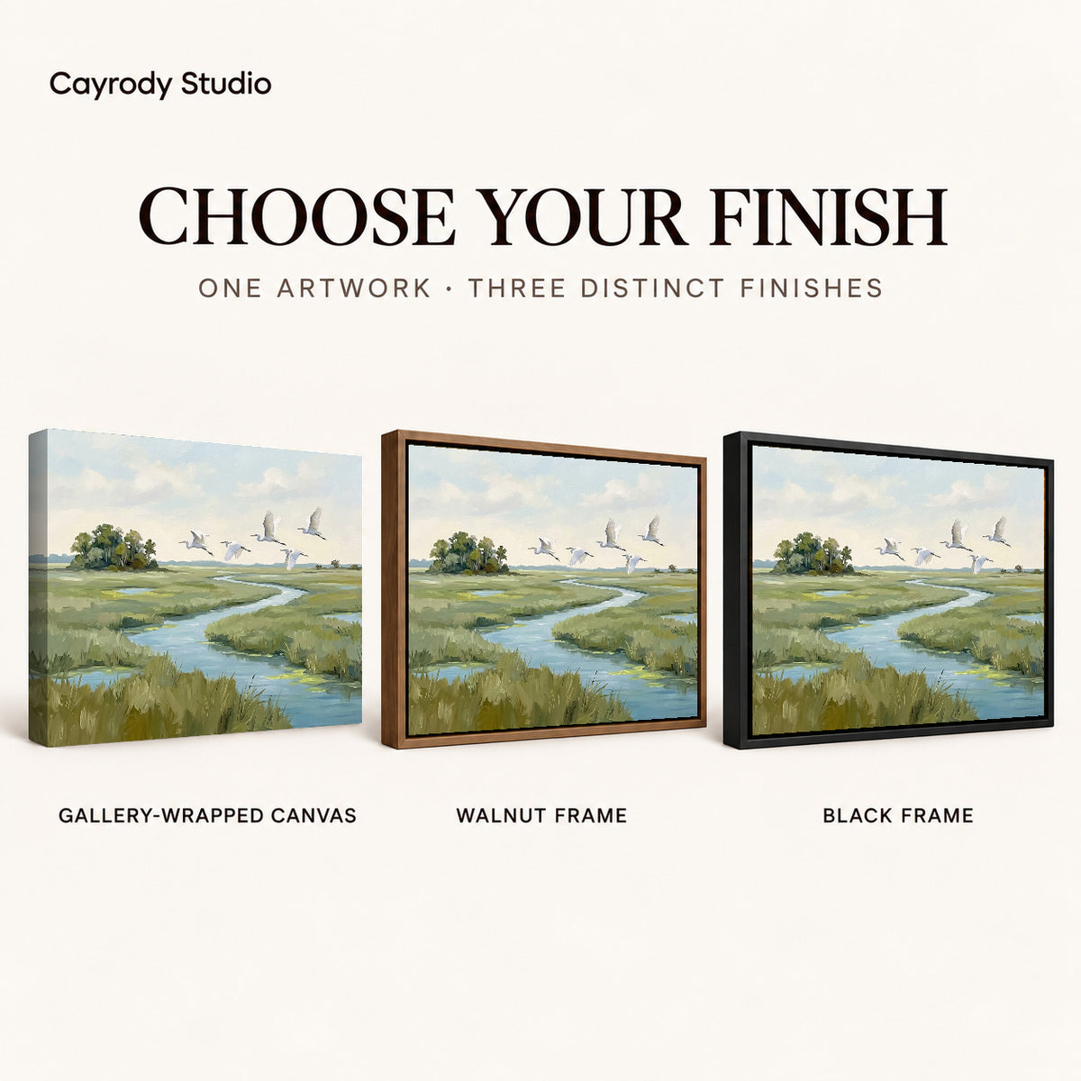 Marsh Bird Flight artwork finish chart showing gallery wrapped canvas, walnut frame, and black frame options.